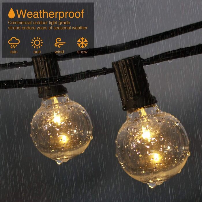 Сонячна гірлянда для вулиці Litogo з 25+2 лампочками G40, 8 режимів, диммування, пульт ДУ, тепле світло, для балкона, саду, тераси (UK Plug)