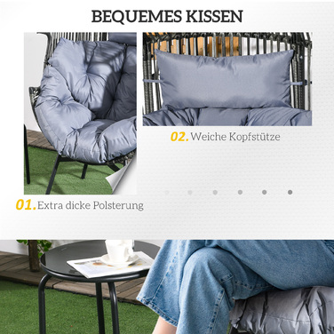 Крісло з ротангу для саду, вуличне крісло, плетений ротанг PE, розміри 89 см x 75 см x 143 см, сірий+чорний