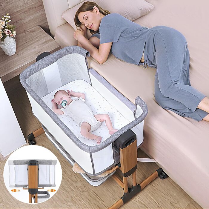 Дитяче ліжко-приліжкове 3 в 1 з м'яким матрацом, безпечне та універсальне, 7 положень по висоті, відкидна боковина з колесами для дому та подорожей