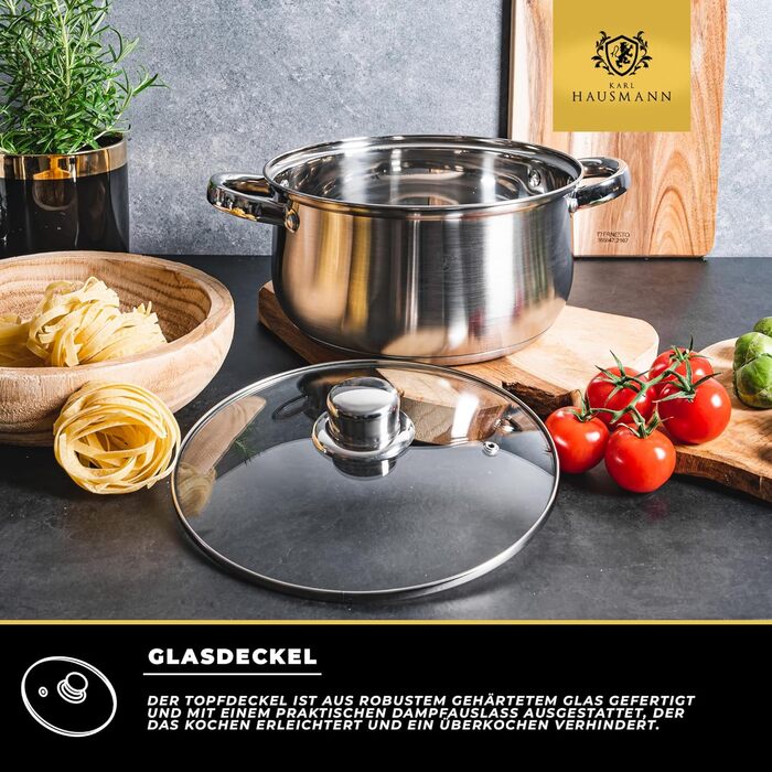 Набір каструль Karl Hausmann з нержавіючої сталі (індукційні) 3 шт. - для всіх типів плит - з кришкою з термостійкого скла - з мірною шкалою