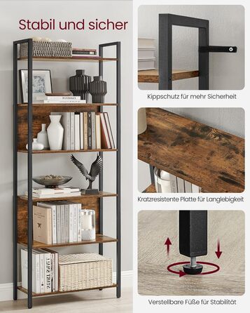 Стелаж VASAGLE з 5 відкритими полицями, для кухні, офісу, вітальні, промисловий дизайн, 24 x 128 x 154,1 см, колір vintagebraun-tintenschwarz