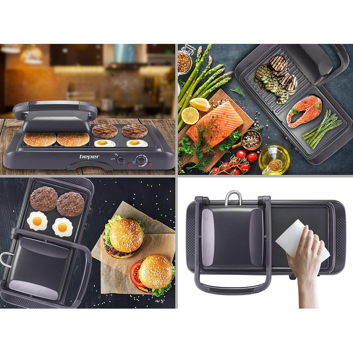 Електрогриль BEPER 90.871 з кришкою, антипригарне покриття, нержавіюча сталь, чорний (1600 Вт)