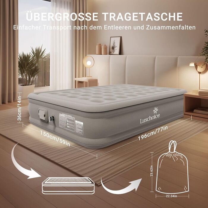 Надувне ліжко 2 персони, самонадувна повітряна матрац з портативним насосом, преміум тканина, антизносне та антишум, для кемпінгу або дому