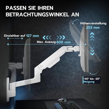 Кріплення для монітора ARES WING на стіну для LED/LCD моніторів 17-49 дюймів, до 20 кг, регульована висота, VESA 75/100, білий