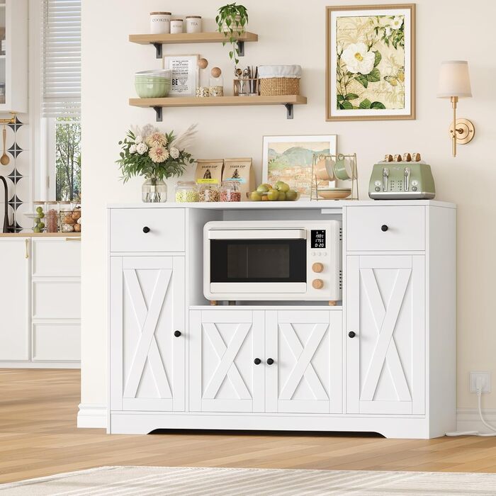 Білий комод для кухні HOCSOK 120 см з полицями, мікрохвильовою печиркою та розеткою. Комод для кухні, вітальні, їдальні (120x85x40 см)