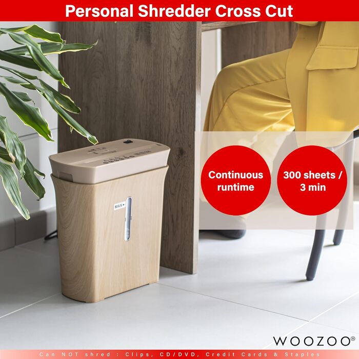 Шредер для документів Woozoo P8GCD, 8 листів, перехресний різання, 8.9L, A4, дерев'яний