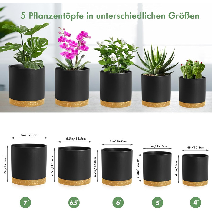 Набір горщиків для квітів 5 шт. з підставками, 17.8/15.2/14/12.7/10.2 см, пластик, для дому та балкону, чорний з коричневою підставкою