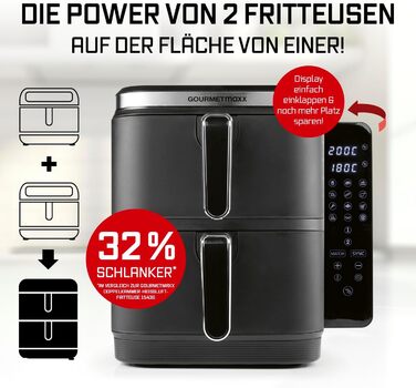 Фритюрниця повітряна Gourmetmaxx FryUp з вертикальною подвійною камерою, 10 літрів (2x5л), сенсорний дисплей