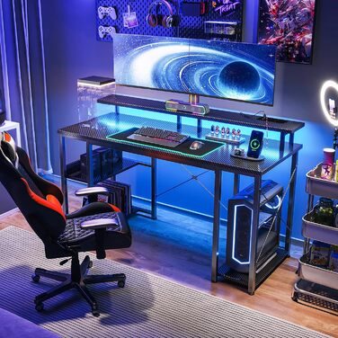 Ігровий стіл Coleshome з LED-підсвічуванням, 120x50 см, з USB та розетками, з підставкою для монітора та місцем для зберігання