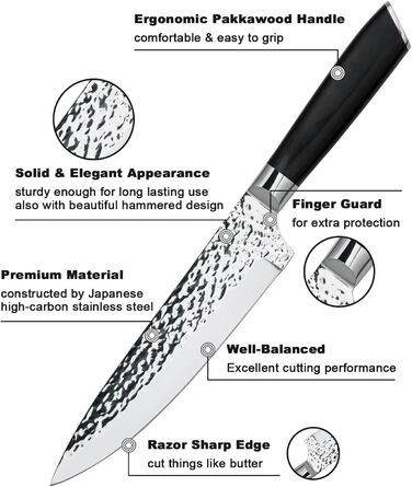 Набір кухонних ножів Messerblock 6 предметів: професійний набір з нержавіючої сталі з ергономічною ручкою з ебену, включає кухонний, м'ясний, хлібний, універсальний та овочевий ножі