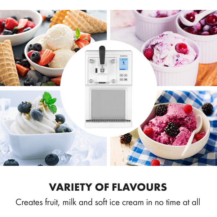 Машина для приготування морозива Klarstein Sweet Sundae, 1.5 л, компресор, 200 Вт, система видачі, авто-охолодження 3 год, авто-очищення, нержавіюча сталь, білий