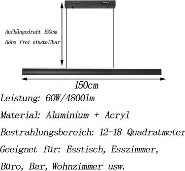 Світлодіодний підвісний світильник Black Dimmable, регульований по висоті, 150см/60 Вт для їдальні, офісу, вітальні