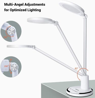 LED настільна лампа JUKSTG 12W з торканням, диммуванням, 5 кольорів, захистом для очей, для офісу, читання, роботи, дітей (біла)