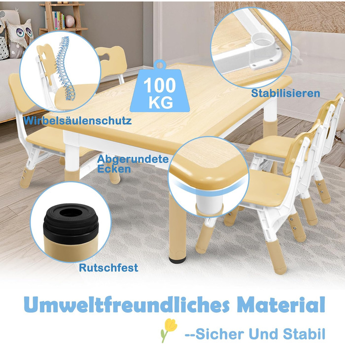 Дитячий стіл з 4 стільцями AufuN, регульована висота, набір для дитячої кімнати, садка, класів, легко миється, пластикові меблі, коричневий