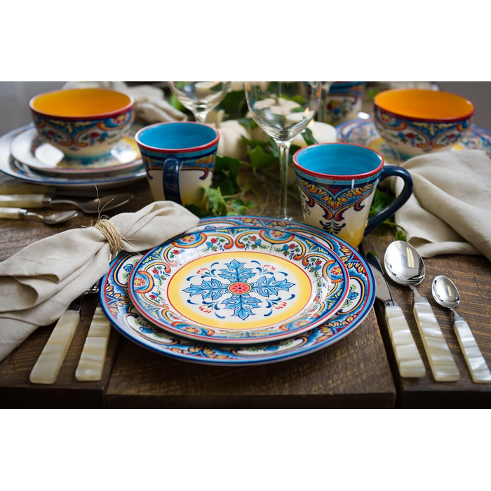 Набір посуду Euro Ceramica Zanzibar Collection, 16 частин, для кухні та їдальні, на 4 особи, з іспанським квітковим візерунком, блакитно-жовтий