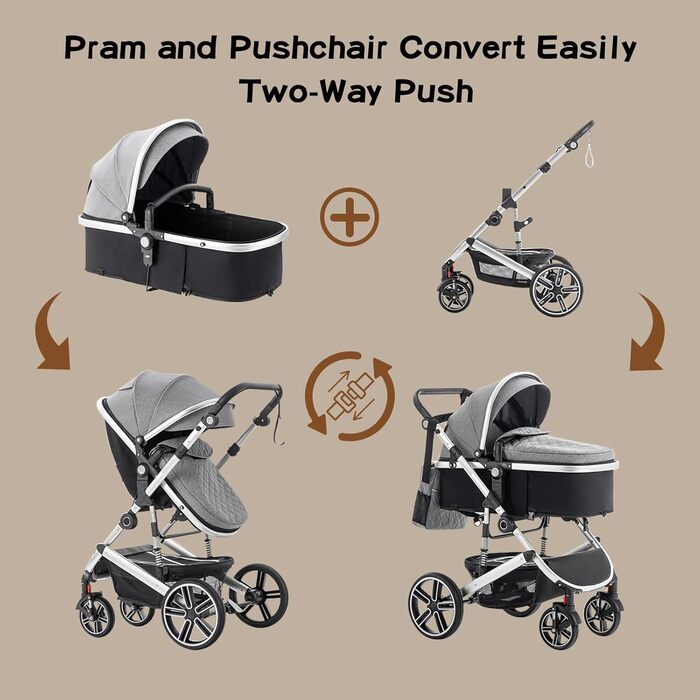 Дитяча коляска 3 в 1, система подорожей з автокріслом, візок з регульованими підлокітниками, комбінована коляска з дощовиком, москітна сітка, алюмінієвий каркас, прогулянкова коляска для 0-4 роки, чорний (SK21-Blau)