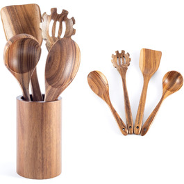 Набір кухонних помічників з дерева (9 шт.): щипці для гриля, вінчик, лопатка, ложка, шумовка. Матеріал: теак.