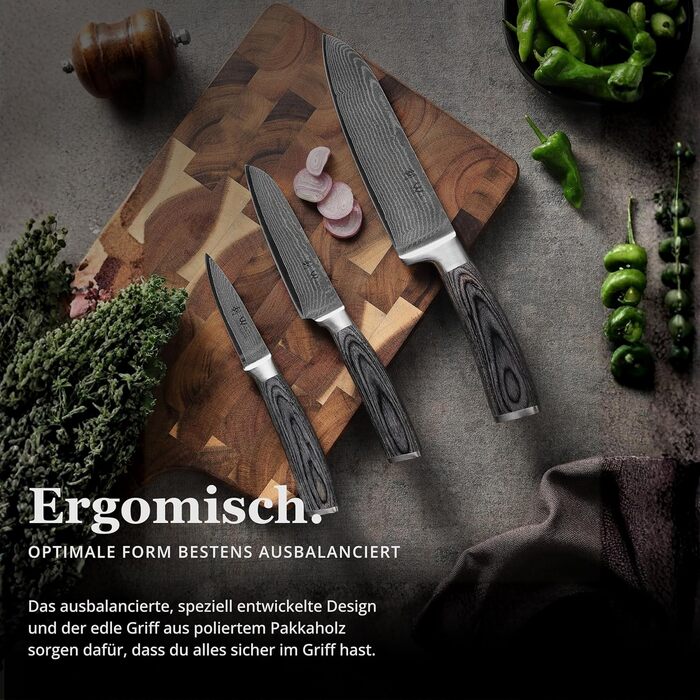 Набір кухонних ножів Wakoli Edis Damast: Сантоку великий та малий, ніж для овочів, універсальний ніж з 67 шарів дамаської сталі (серцевина VG10), ручка з паккавуда, в дерев'яній коробці