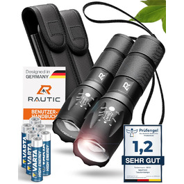 Ліхтарик RAUTIC в комплекті з 2 шт. , потужний світлодіодний ліхтарик з батарейками та кобурою, ліхтарик на батарейках з 3 режимами для щоденного використання, кемпінг та надзвичайні ситуації чорний