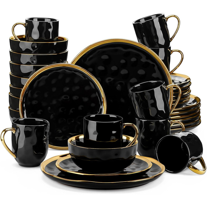Набір для обіднього сервізу LOVECASA, набір посуду з кераміки SWEET, посуд із золотим обідком, комбінований сервіз 16 предметів на 4 особи з обідньою тарілкою, десертною тарілкою, мисками та чашками (чорний, 32 шт. Столовий сервіз)