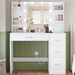 Трюмо TEENFON з дзеркалом та підсвічуванням, біле. 4 шухляди, 4 відкриті полиці, 5 гачків для прикрас.