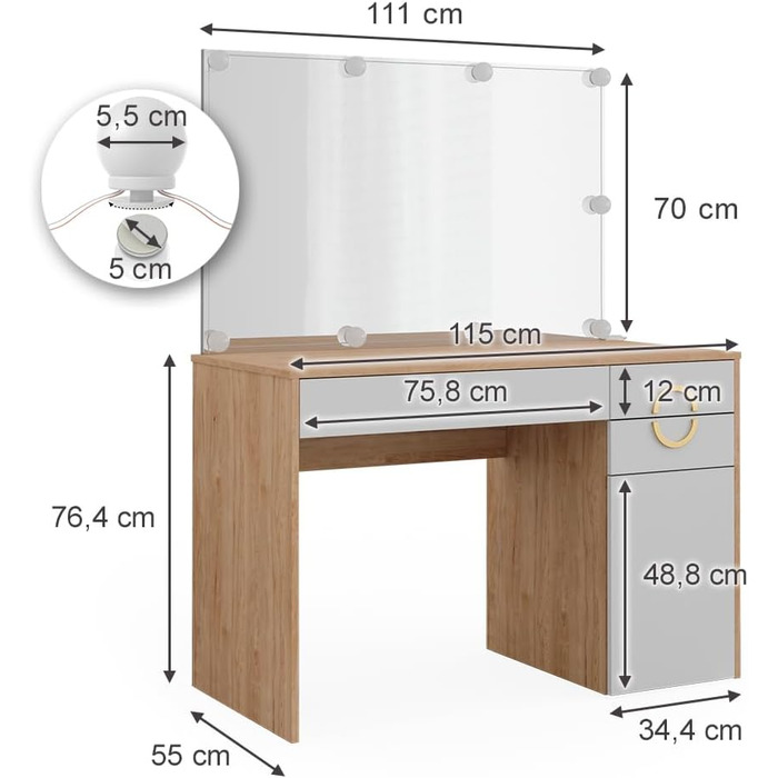 Туалетний столик Vicco Adela, високий глянець, 115 см, 3 ящики, натуральний Rockford Hickory, дзеркало та світлодіодний ланцюжок