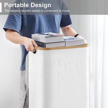 Кошик для білизни Youdenova з кришкою 85л, бамбук та дерево, сортувальник для білизни, великий, складний, білий