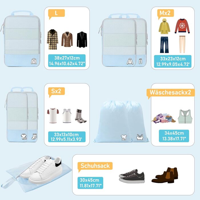 Набір компресійних органайзерів для подорожей Packing Cubes, 8 предметів, для валізи та рюкзака, світло-блакитний