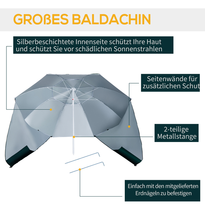 2-в-1 Парасолька для пляжу та саду Ø 210 см, UPF 50+ стійкий до вітру. Парасолька з боковинами, сумка для перенесення, розкладний парасоль для балкона, сонцезахист для подорожей, пляжу, балкона та кемпінгу. Колір: Темно-зелений