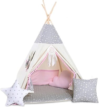 Дитячий намет-тіпі Rainbow Kids: бавовняне полотно, різні кольори та візерунки, з аксесуарами (Вовк, зірка, рожевий)