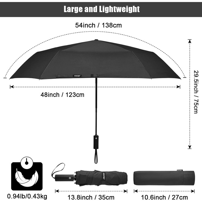 Дюймова велика автоматична вітрозахисна 3-складна компактна туристична парасолька для гольфу чорна, 4Free 54-