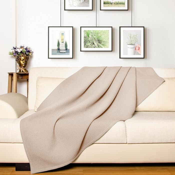 Плед LAYNENBURG Premium 180x220 см - вафельна тканина, 100% бавовна. Легкий плед з вафельною текстурою для ліжка, дивана, софи. Колір: бежевий