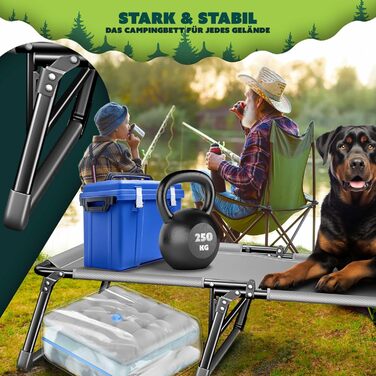 Розкладне кемпінгове ліжко KESSER з преміум-матрацом та подушкою, 190 x 68 x 30 см, витримує до 250 кг, з кишенею та підстаканником, сіре/блакитне