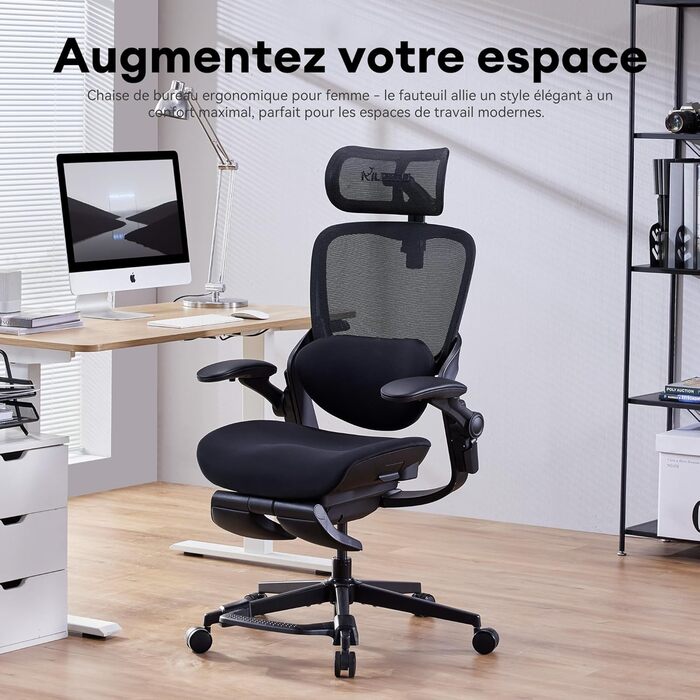 Ергономічне крісло для жінок Musso E80 Muse FemmePosture™ - регулювання нахилу 135°, 3D-підтримка попереку, 17см 4D-підголовник, висувна підніжка, регулювання глибини та висоти сидіння, регульовані підлокітники (Чорний)