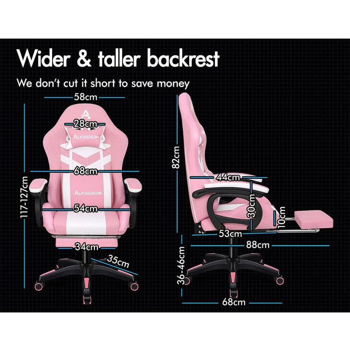 Ігрове крісло ALFORDSON з 8-точковим масажем і RGB LED підсвічуванням ергономічне рожево-біле