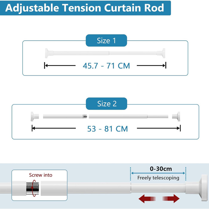 Набір з 2 карнизів без свердління, 46-119см, телескопічний, білий, для вікна та ванної кімнати
