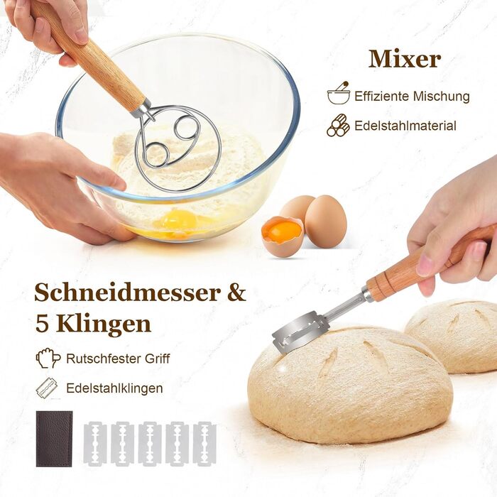 Набір для приготування закваски та випікання хліба SHANNA: корзинка для бродіння, скляна тара, скребок, мішалка, ніж (бамбук, спіральний дизайн)