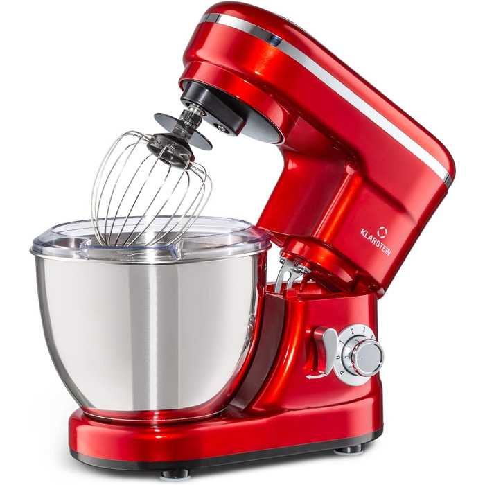 Кухонна машина Klarstein Bella: планетарний міксер з нержавіючої сталі, 1200 Вт, 6 швидкостей, 3 насадки (червоний)