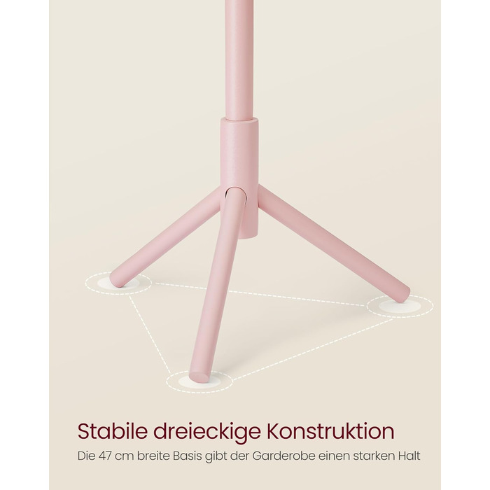Стійка для одягу VASAGLE з масиву дерева, дерев'яна вішалка для одягу з 8 гачками, 3 регульовані висоти, для одягу, капелюхів, сумок, вітальні, спальні, офісу, RCR04GY (Пастельно-рожевий)