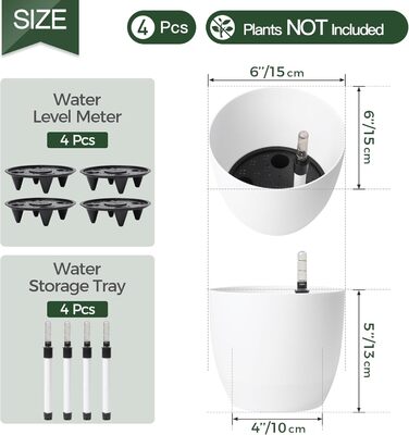 Набір горщиків для квітів T4U 15 см з автополивом та індикатором рівня води (4 шт.) - білий