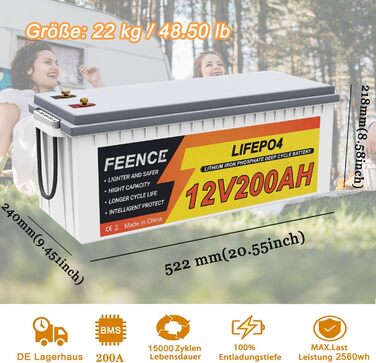 Акумуляторна батарея Feence Mini 12V 100Ah LiFePO4, 100A BMS, 15000 циклів, 10 років, для автофургонів, автофургонів, морських, автономних