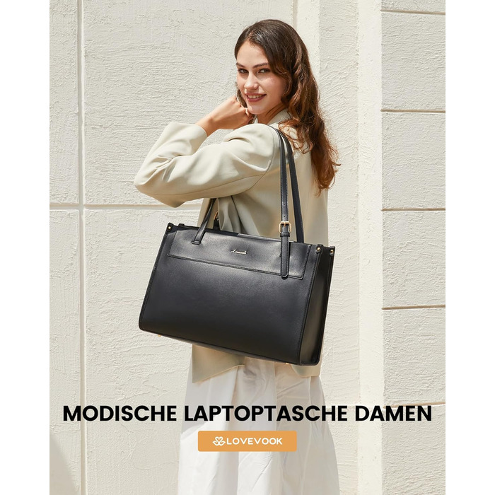 LOVEVOOK Сумка для ноутбука 15.6 дюймів, жіноча, велика, водонепроникна, сумка-шоппер, ділова, з PU шкіри, для офісу, навчання, чорна
