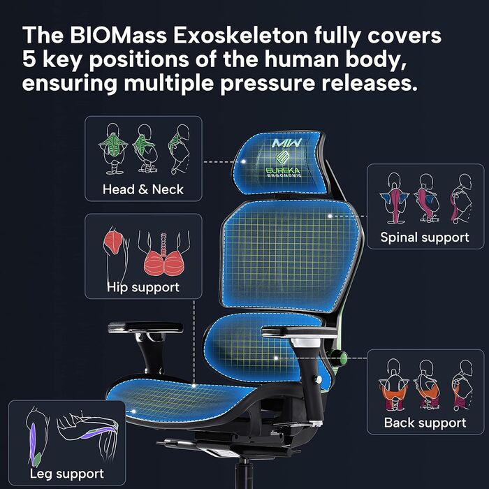 Ігрове крісло EUREKA ERGONOMIC дихаюче сітчасте 4D підлокітники чорно-зелене