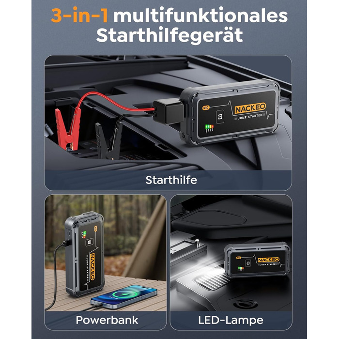 Powerbank для авто 12V Starthilfe 5000A: Зарядний пристрій для автомобіля, SUV, мотоцикла, газонокосарки з LED-ліхтарем