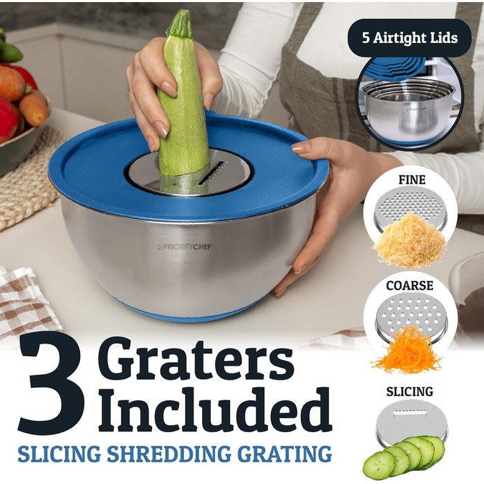 Набір мисок для змішування PriorityChef з нержавіючої сталі з кришками, 3 тертки, герметичні кришки, силіконова антиковзаюча основа, великі миски для приготування їжі, зелений (блакитний)