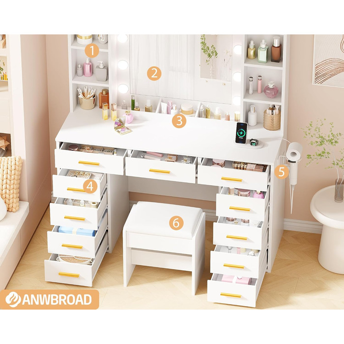 Великий туалетний столик ANWBROAD з регульованою LED-підсвіткою та 11 ящиками. Сучасний туалетний столик з дзеркалом, розетками, 6 відкритими полицями. Комплект з пуфом. Білий колір, 140x110x40 см. Модель BDT86W
