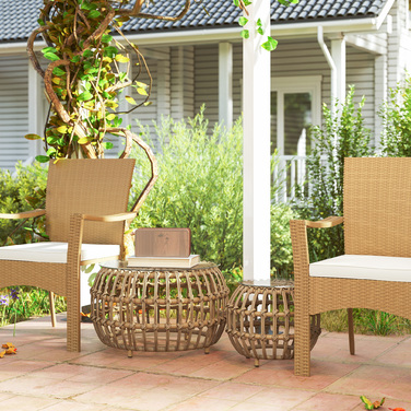 Outsunny Набір з 2 бічних столів Poly Rattan Ø66/42 см Круглий стійкий до погодних умов садовий стіл зі скляною стільницею Відкритий балконний столик Журнальний столик Садові меблі для саду, балкон коричневий