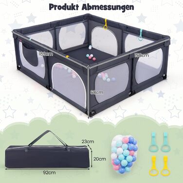 Дитячий манеж COSTWAY 189x158см, в т.ч. 50 м'ячів і 4 кільця, темно-сірий (без матраца)