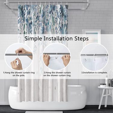 Шторка для душу 180x220 см, антигрибкова, з тропічним дизайном (пальмові листя, евкаліпт, гриби), водонепроникна, поліестер, для ванної кімнати, з 12 гачками (блакитна)