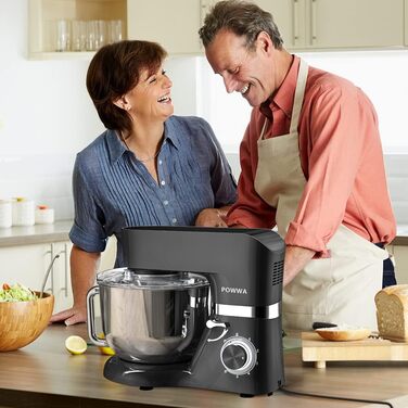 Кухонна машина POWWA 5.5L з 6 швидкостей, 1500W, для замішування тіста, з міксером, гаком для тіста та насадкою для збивання, чорного кольору